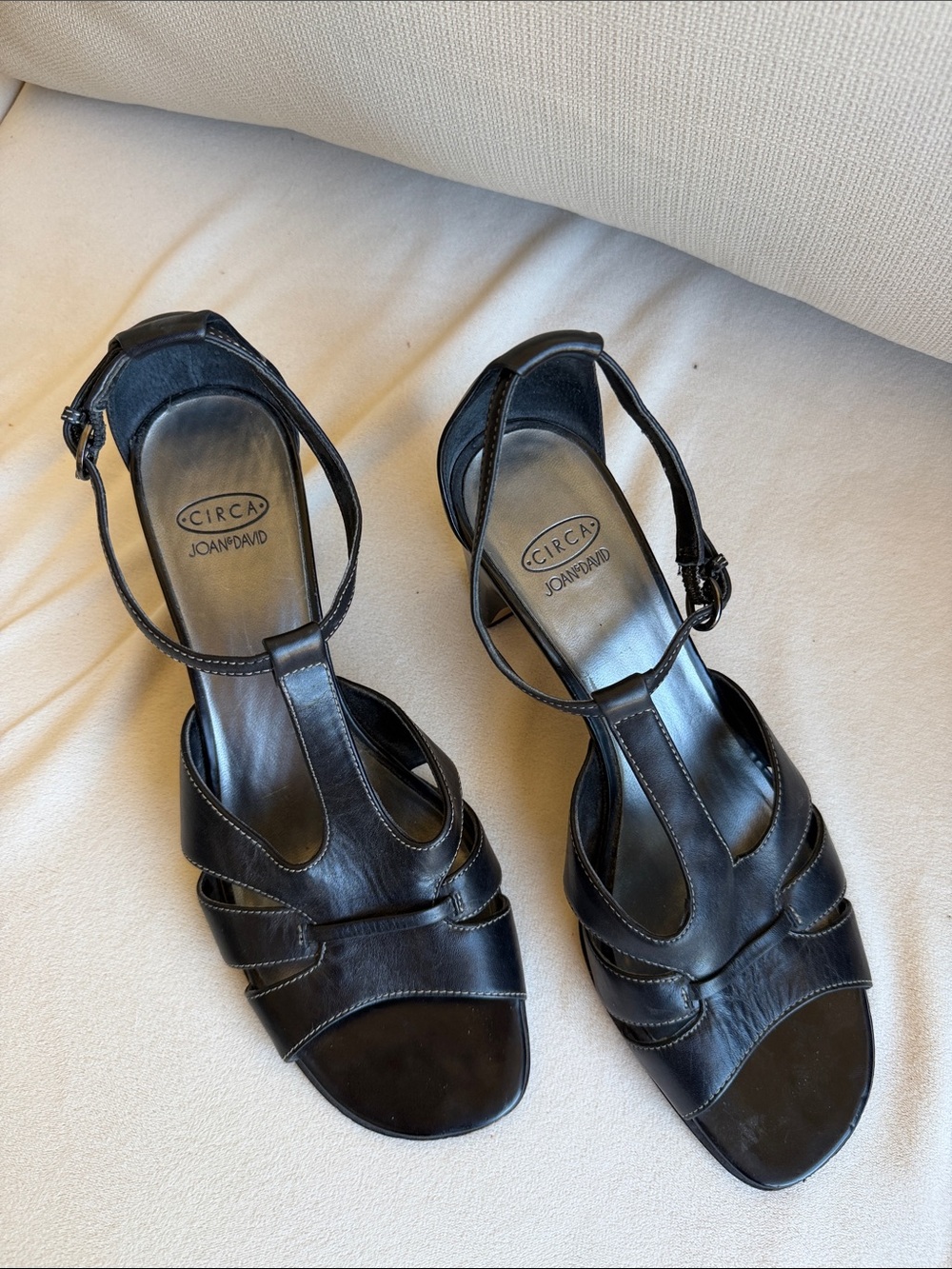 Joan & David Circa Black Leather T-Strap Heels